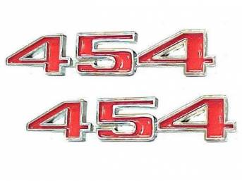 "454" Front Fender Emblem Set, chrome plated die-cast metal with red painted recess, replacement style repro
