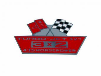 DECAL, Air Cleaner, Cross Flags design (one red flag and one checkered flag) w/ *TURBO-JET 427*, *3 X 2* and *435 HORSEPOWER* designations on a red background, repro