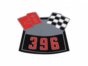 DECAL, Air Cleaner, Cross Flags design (one red flag and one checkered flag) w/ *396* designation in red, GM p/n 3902410, repro