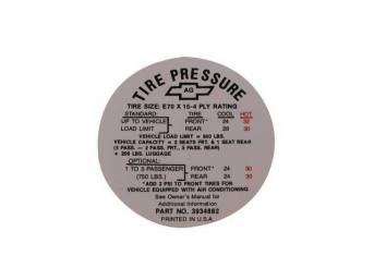 DECAL, Tire Pressure, GM p/n 3934882, repro