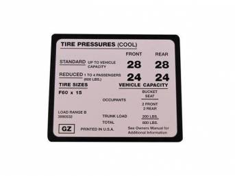 DECAL, Tire Pressure, GM p/n 3990532, repro