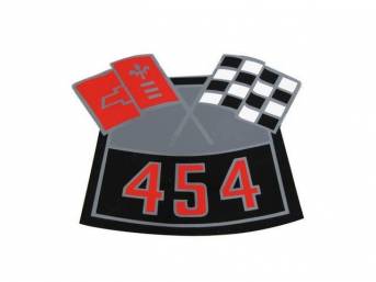 DECAL, Air Cleaner, Cross Flags design (one red flag and one checkered flag) w/ *454* designation in red, repro