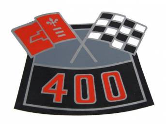 DECAL, Air Cleaner, Cross Flags design (one red flag and one checkered flag) w/ *400* designation in red, repro