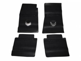 FLOOR MATS, Black, OE Style W/ correct features incl the *Pontiac* in the top center of front and rear mats and molded Firebird Crest in front mats, Repro, (4)