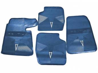 FLOOR MATS, Blue, OE Style w/ correct features incl a silver embossed *Arrowhead* emblem w/ *PONTIAC* lettering on the front and rear mats, (4), repro