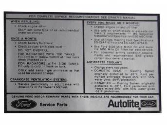 DECAL, ENGINE COMPARTMENT, SERVICE SPECIFICATIONS