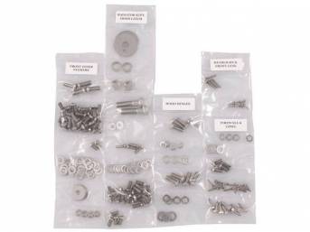 FASTENER KIT, Front Sheetmetal, polished stainless steel, features button head allen bolts, (204) incl fasteners for fenders, firewall and cowl, headlight and front lens, hood hinges, hood latch and radiator core support