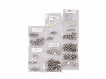 FASTENER KIT, Front Sheetmetal, polished stainless steel, features hex head bolts, (222) incl fasteners for fenders, cowl panel, headlight bezel, battery clamp, hood hinges, hood latch and radiator core support