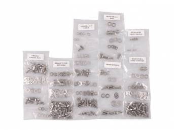 FASTENER KIT, Front Sheetmetal, unpolished stainless steel, features hex head bolts, (309) incl fasteners for fenders, grille and gravel pan, headlight front signal, hood hinges, hood latch and catch, hood brace rod, and radiator core support
