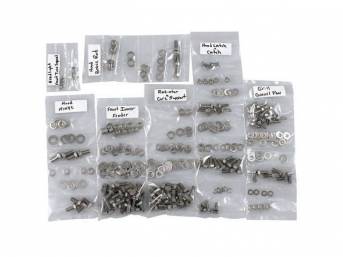 FASTENER KIT, Front Sheetmetal, polished stainless steel, features hex head bolts, (309) incl fasteners for fenders, grille and gravel pan, headlight front signal, hood hinges, hood latch and catch, hood brace rod, and radiator core support