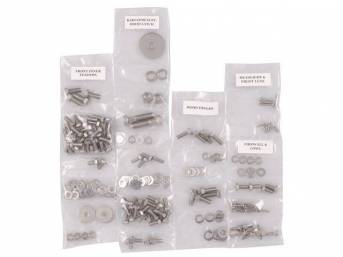 FASTENER KIT, Front Sheetmetal, unpolished stainless steel, features hex head bolts, (204) incl fasteners  for fenders, firewall and cowl, headlight and front lens, hood hinges, hood latch and radiator core support