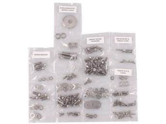 FASTENER KIT, Front Sheetmetal, polished stainless steel, features hex head bolts, (204) incl fasteners for fenders, firewall and cowl, headlight and front lens, hood hinges, hood latch and radiator core support