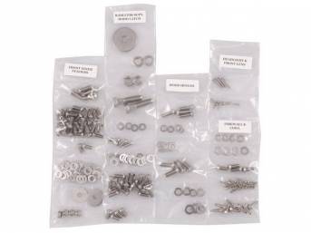 FASTENER KIT, Front Sheetmetal, unpolished stainless steel, features button head allen bolts, (204) incl fasteners for fenders, firewall and cowl, headlight and front lens, hood hinges, hood latch and radiator core support