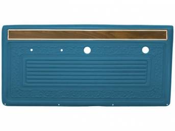 PANEL SET, Front Door, horizontal pleat center surrounded by scroll style w/ woodgrain strip and mylar trim on top, OE blue, ABS-plastic, replacement style repro