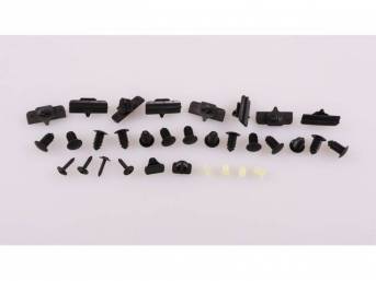 Mounting Kit, Rocker Panel Molding, Complete, Incl (8) Larger Size Body Clips, (2) Small Size Body Clips, (14) Larger Push Pins, (4) Square Nylon Mounting Nuts, (4) Correct Mounting Screws, Does Both Sides